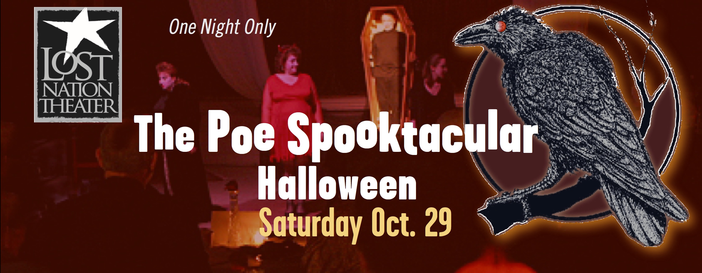 graphic with scene shot, raven image & lnt logo for Poe Spootacular 2016
